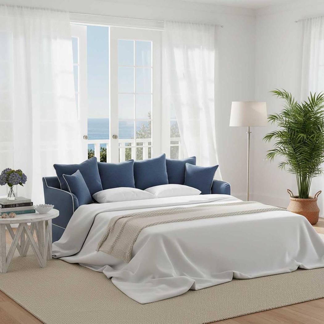 Noosa Hamptons 3 Seat Queen Sofa Bed Navy W/White Piping