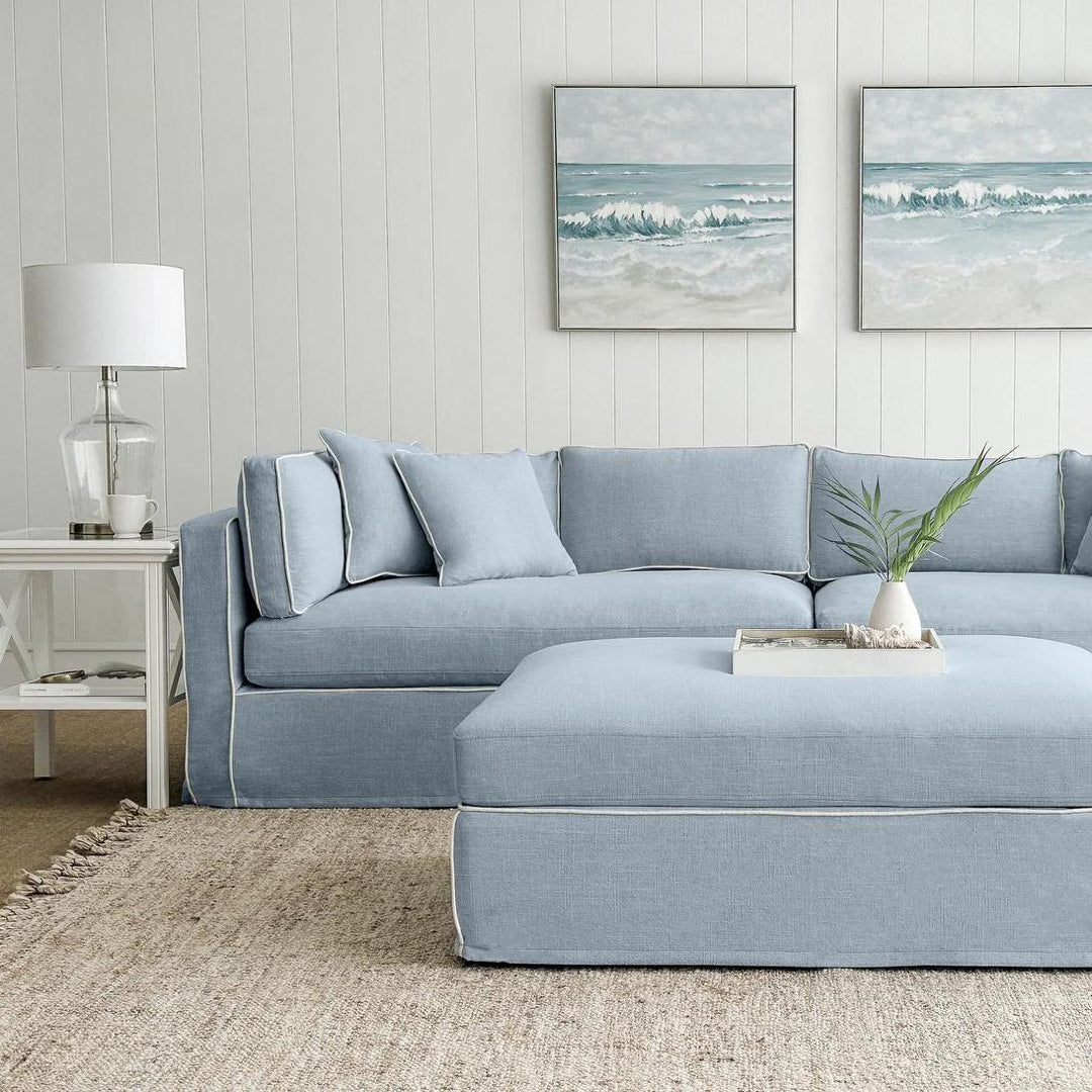 Marbella Modular 4 Seater Sofa Reversible Ottoman Chaisea Beach W/White Piping