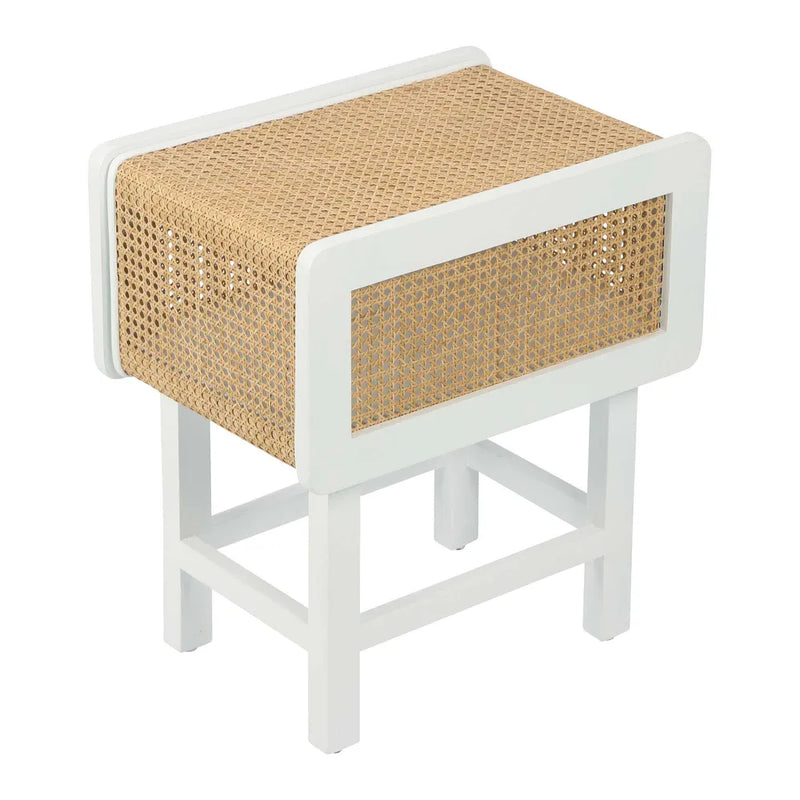 Zoe Bedside Table Chalk with Natural Rattan