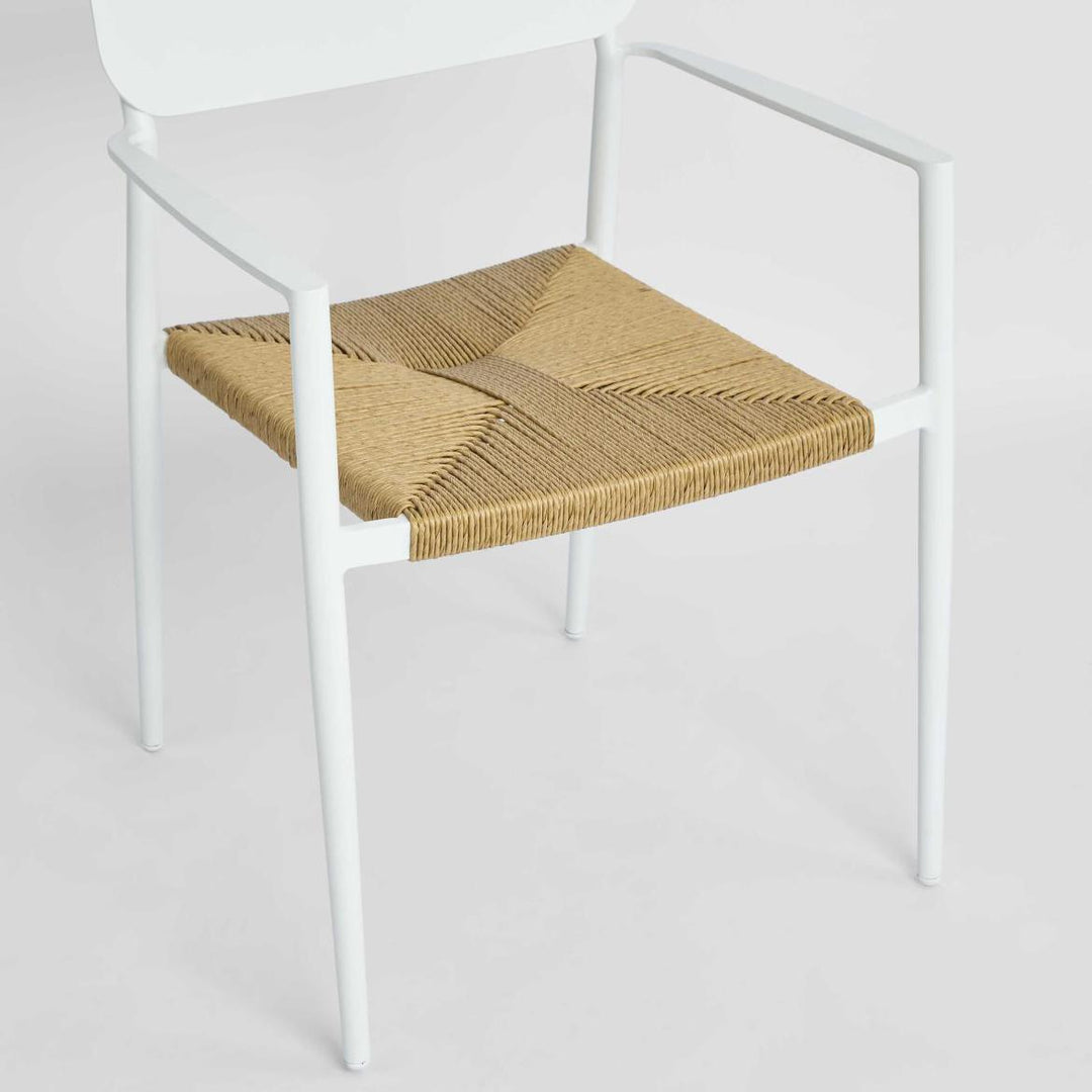 Casper Stackable Dining chair with Arms White & Natural Weave Outdoor