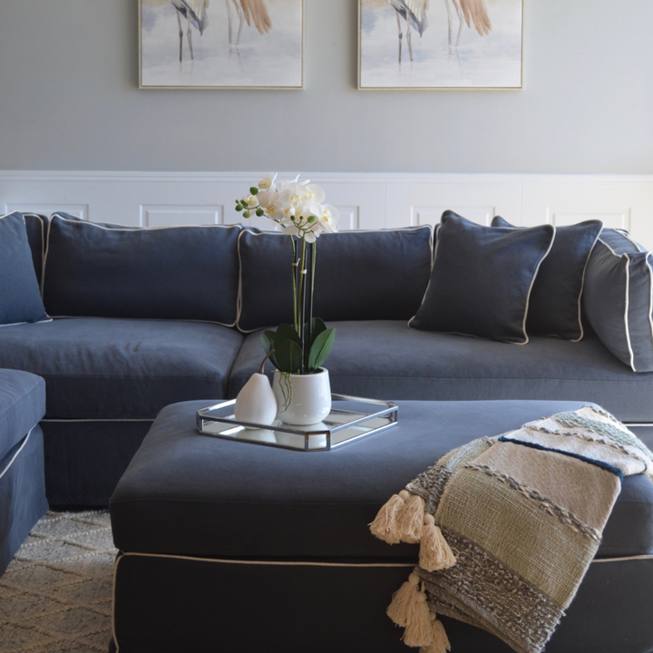 Marbella Modular Sofa Navy W/White Piping Left