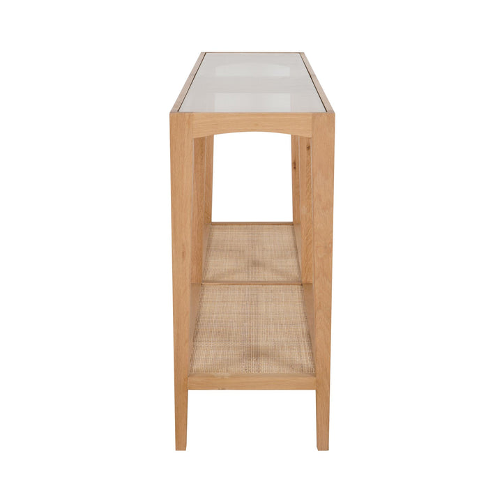 Mila Natural Oak Console With Rattan Base And Glass Top 152Cm