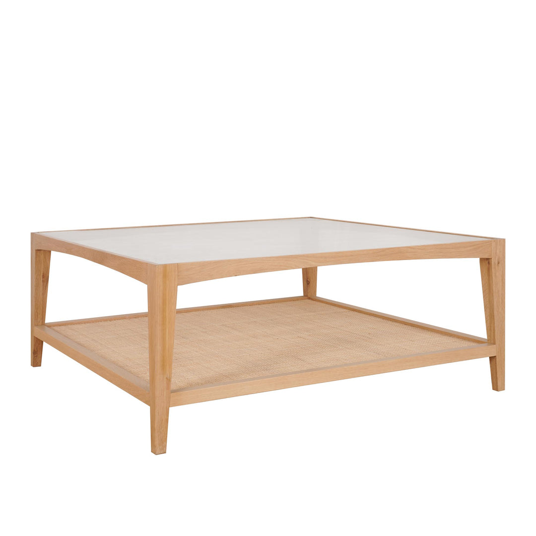 Mila Natural Oak Coffee Table With Rattan Base And Glass Top 100Cm