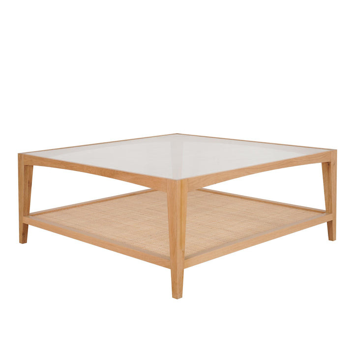 Mila Natural Oak Coffee Table With Rattan Base And Glass Top 100Cm