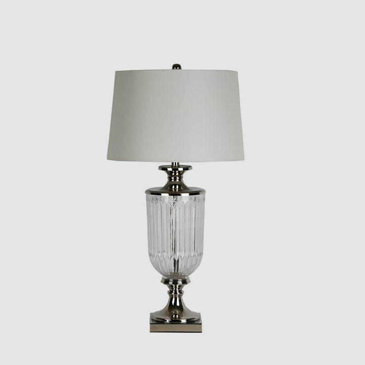 Bellevue Glass Nickel Lamp With White Linen Shade
