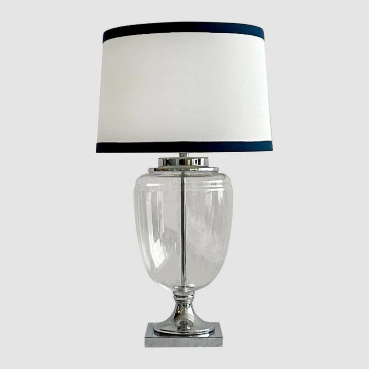 Charlotte Glass and Nickel Lamp with White Linen Shade (Navy Trim)