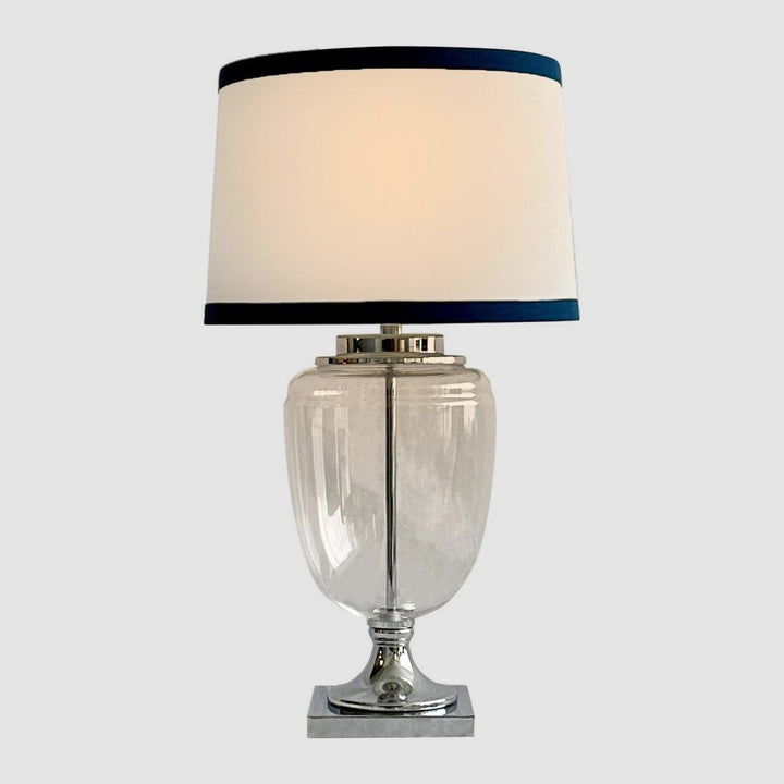 Charlotte Glass and Nickel Lamp with White Linen Shade (Navy Trim)