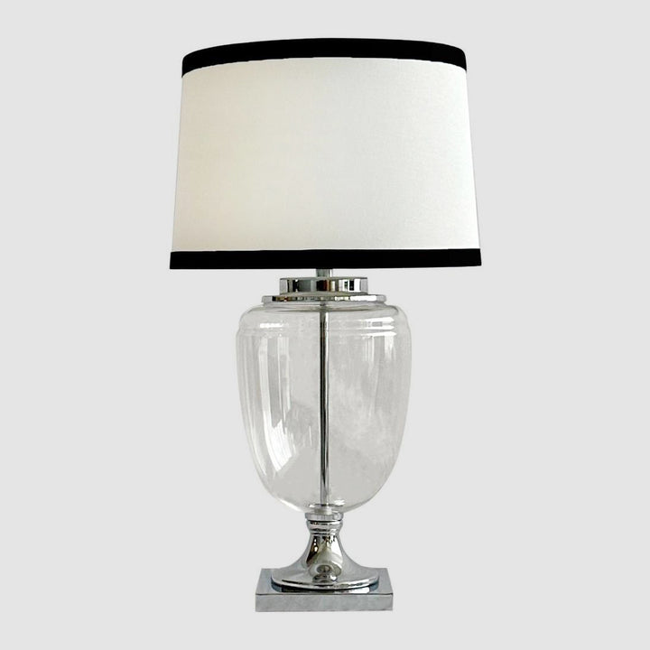 Charlotte Glass and Nickel Lamp with White Linen Shade (Black Trim)