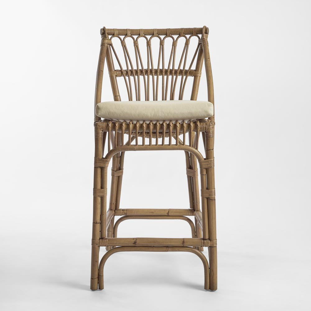 Cayman Rattan Hamptons Bar stool Natural W/Cream Cushions & Footrest