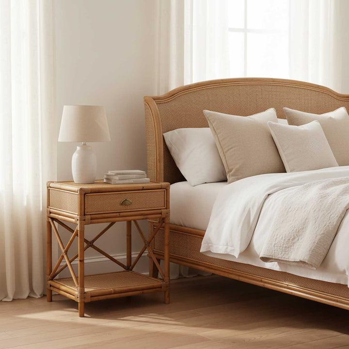 Cayman Rattan Hamptons One Drawer Bedside Table W/Shell Handle