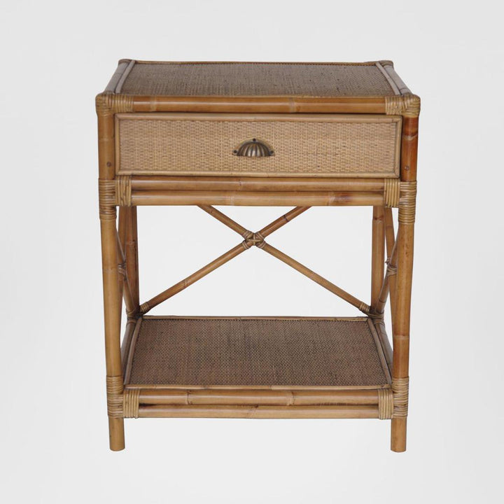 Cayman Rattan Hamptons One Drawer Bedside Table W/ Shell Handle