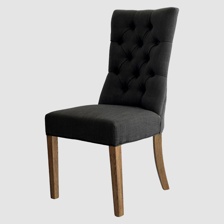 Diana Buttoned Hamptons Dining Chair Charcoal Linen Blend