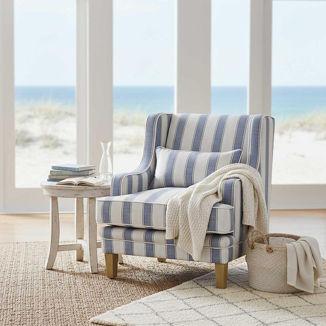 Bondi Hamptons Armchair Blue Sky Stripe W/White Piping