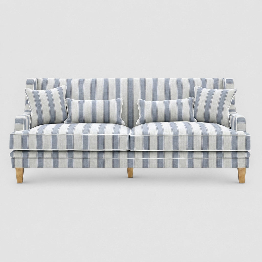 Bondi Hamptons 3 Seat Sofa Blue Sky Stripe W/White Piping