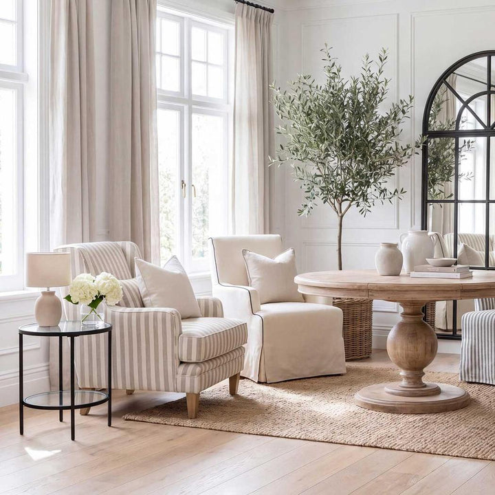 Bondi Hamptons Armchair Natural Stripe W/White Piping
