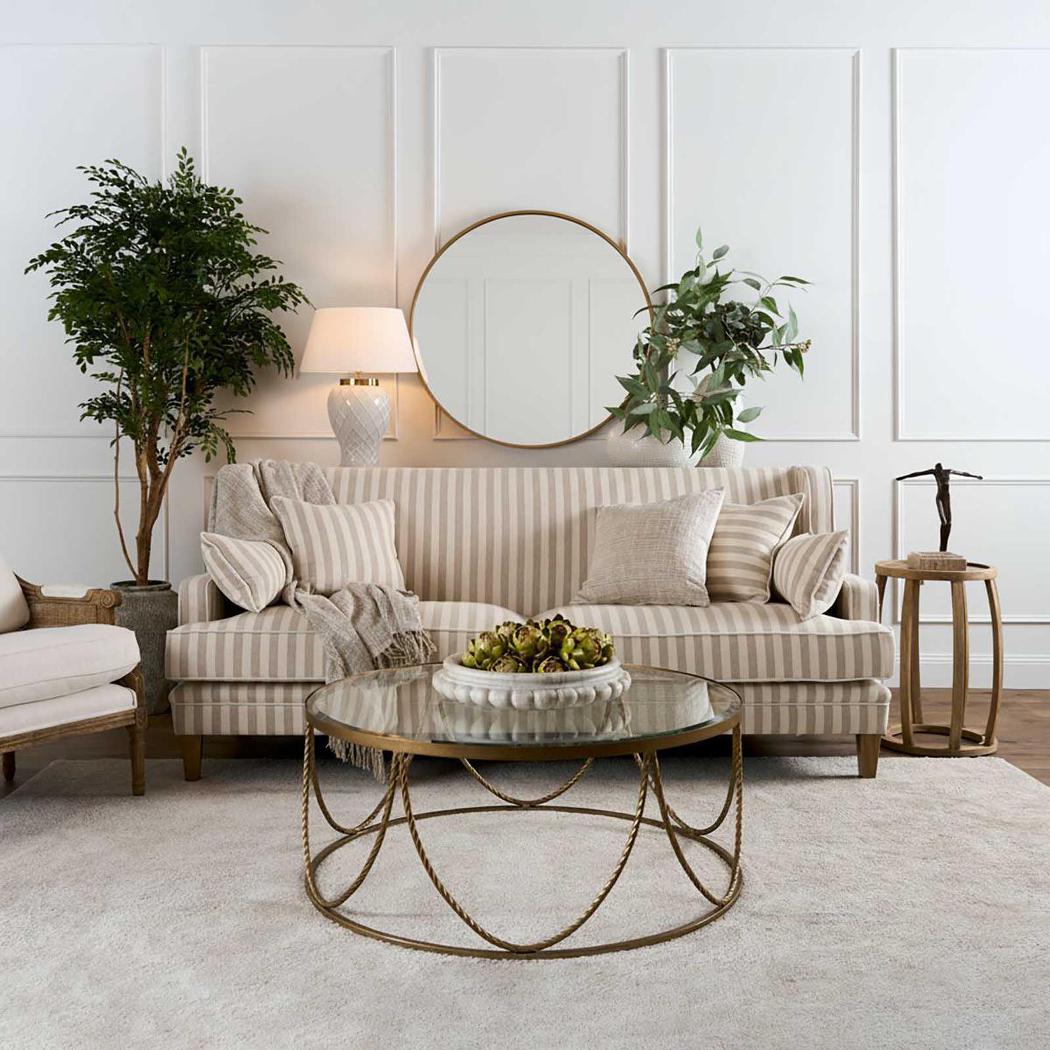 Bondi Hamptons 3 Seat Sofa Natural Stripe W/White Piping