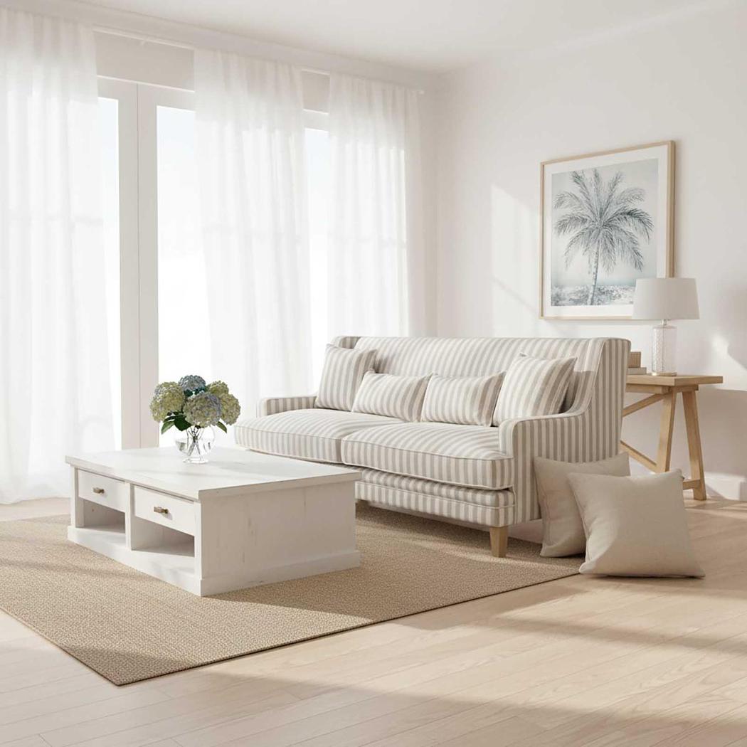 Bondi Hamptons 3 Seat Sofa Natural Stripe W/White Piping