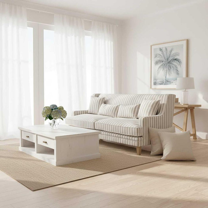 Bondi Hamptons 3 Seat Sofa Natural Stripe W/White Piping