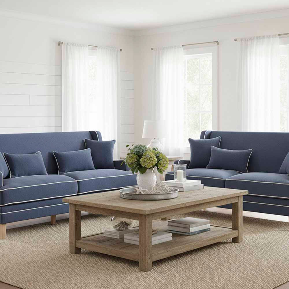 Bondi Hamptons 2 Seat Sofa Navy W/White Piping
