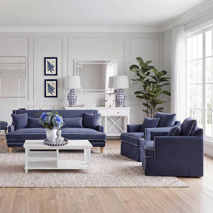 Bondi Hamptons 3 Seat Sofa Navy W/White Piping