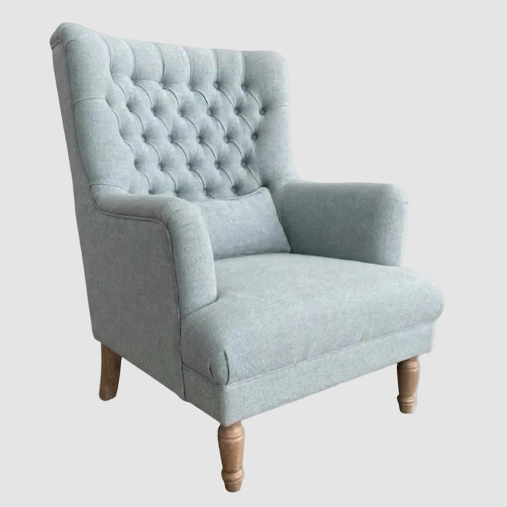 Bayside Pistachio Hamptons Button Tufted Winged Armchair W/Wooden Legs