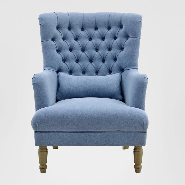 Bayside Slate Blue Hamptons Button Tufted Winged Armchair W/Wooden Legs