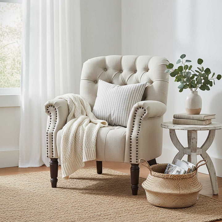 Maurice Natural Linen Blend Buttoned Armchair W/ Studs Oak Legs