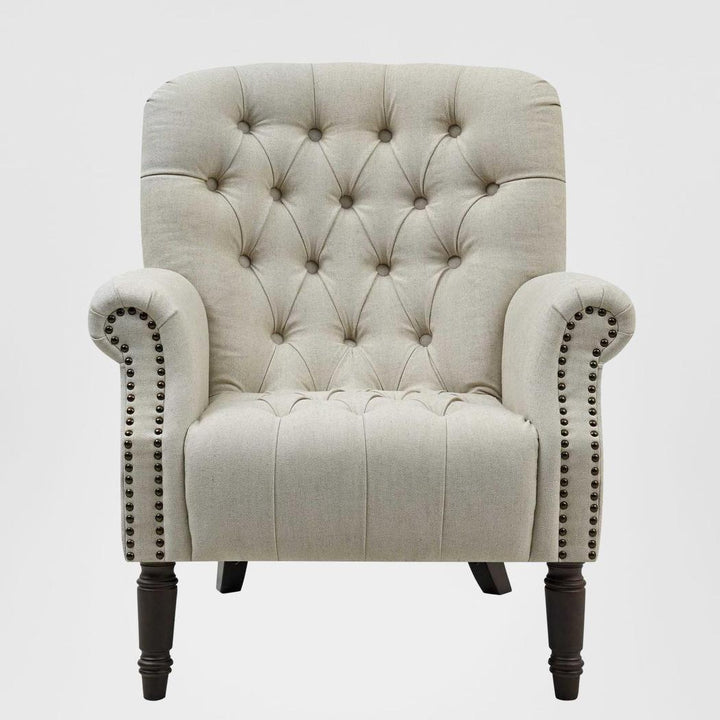 Maurice Natural Linen Blend Hamptons Buttoned Armchair W/Studs Dark Legs