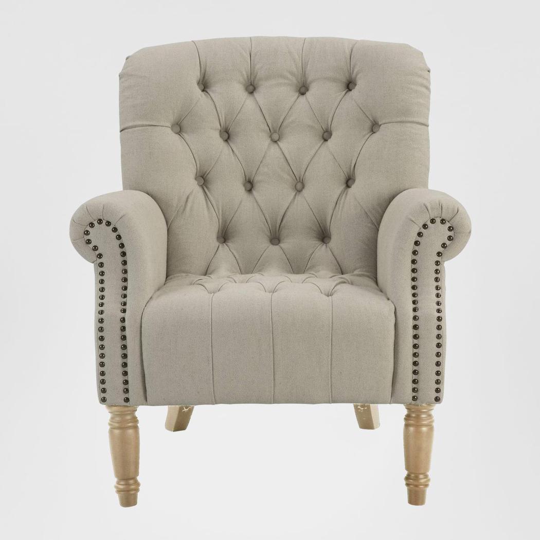 Maurice Natural Linen Blend Buttoned Armchair W/ Studs Oak Legs