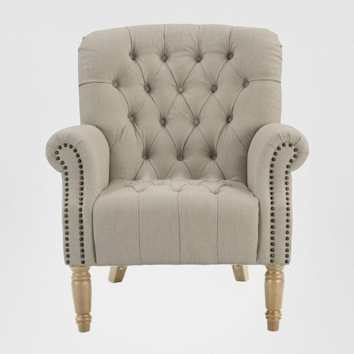 Maurice Natural Linen Blend Buttoned Armchair W/ Studs Oak Legs