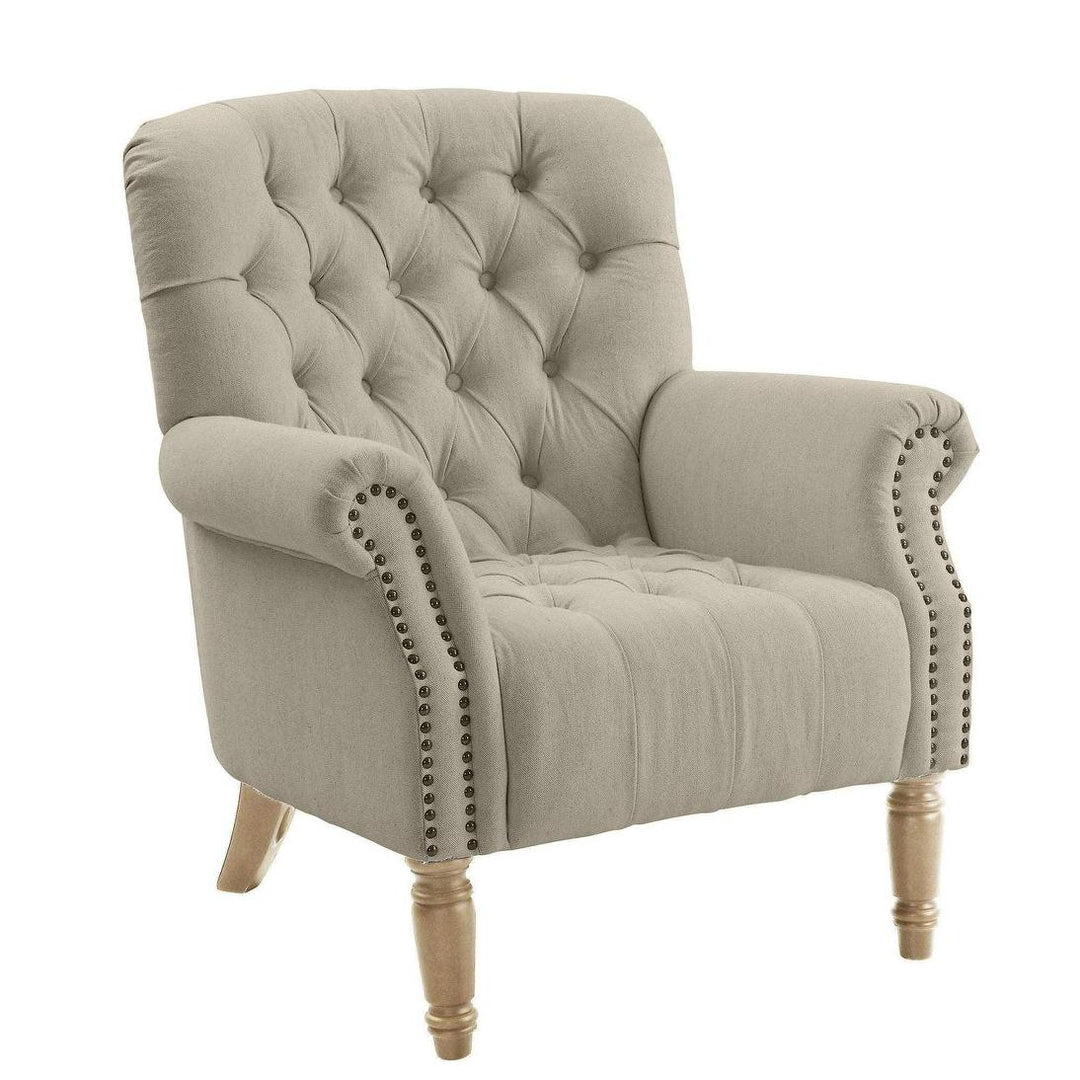 Maurice Natural Linen Blend Buttoned Armchair W/ Studs Oak Legs