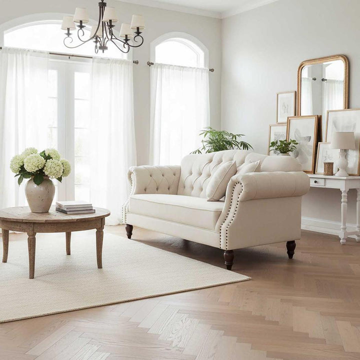Vaucluse 3 Seat Hamptons Buttoned Sofa Beige Linen Blend