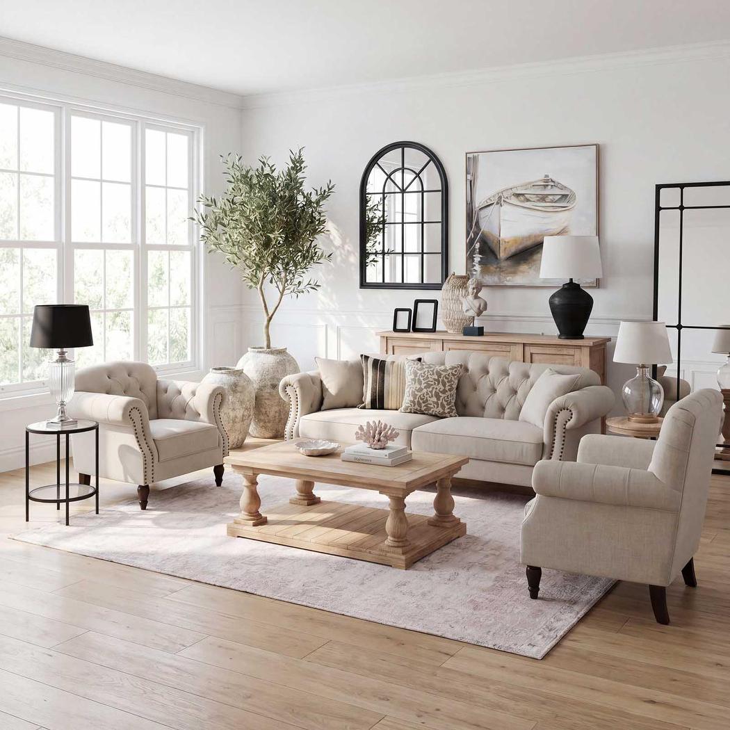 Vaucluse 3 Seat Hamptons Buttoned Sofa Beige Linen Blend