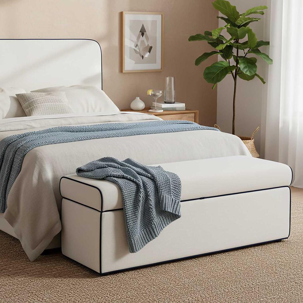 Brighton Storage Ottoman Ivory with Blue Piping