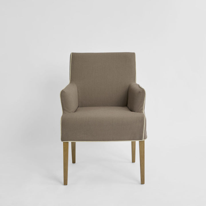 Slip Cover Only - Clifton Dining Chair W/Arms Short Brown W/Ivory Piping