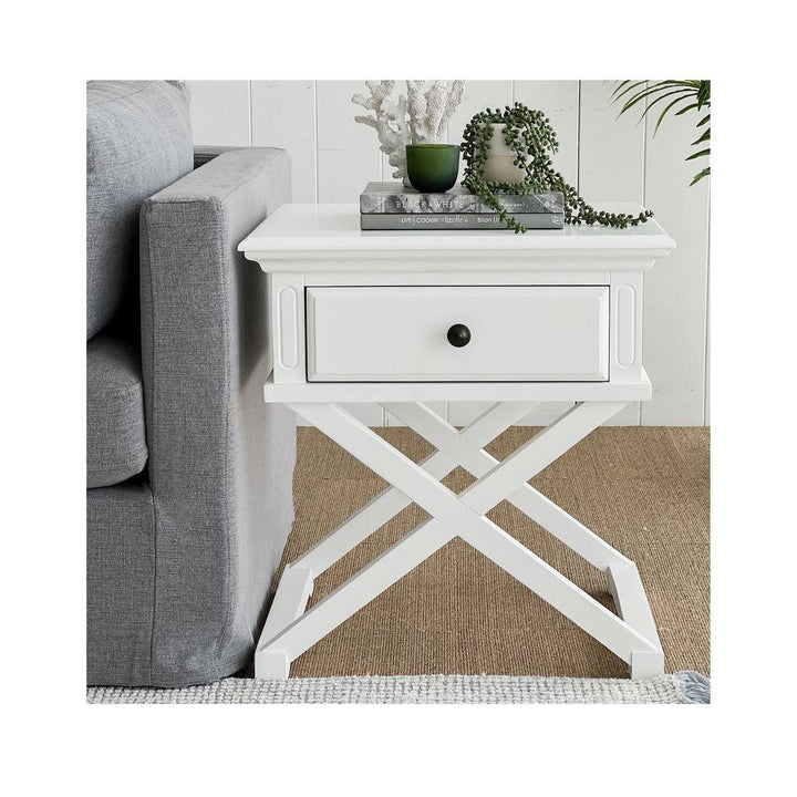 Sorrento Cross Leg Hamptons BedSide Table W/Drawer White
