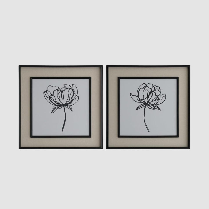 Sketched Flowers In Black Frame With Linen Insert Set 2