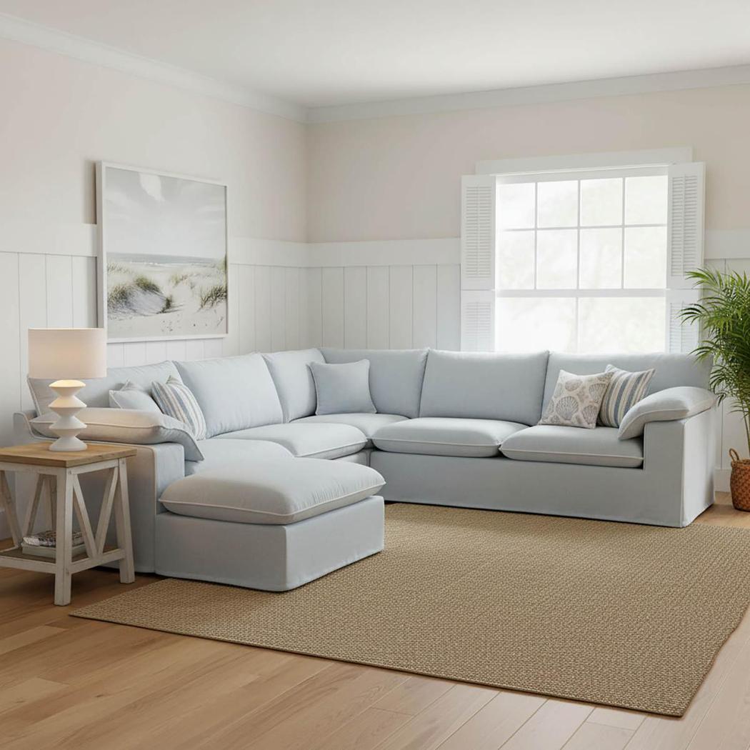 Norfolk 5 Seater Modular with Chaise (Reversible) Beach w/White piping