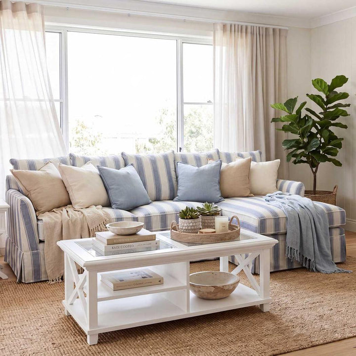 Noosa 3 Seater Right Chaise Sofa Blue Sky Stripe