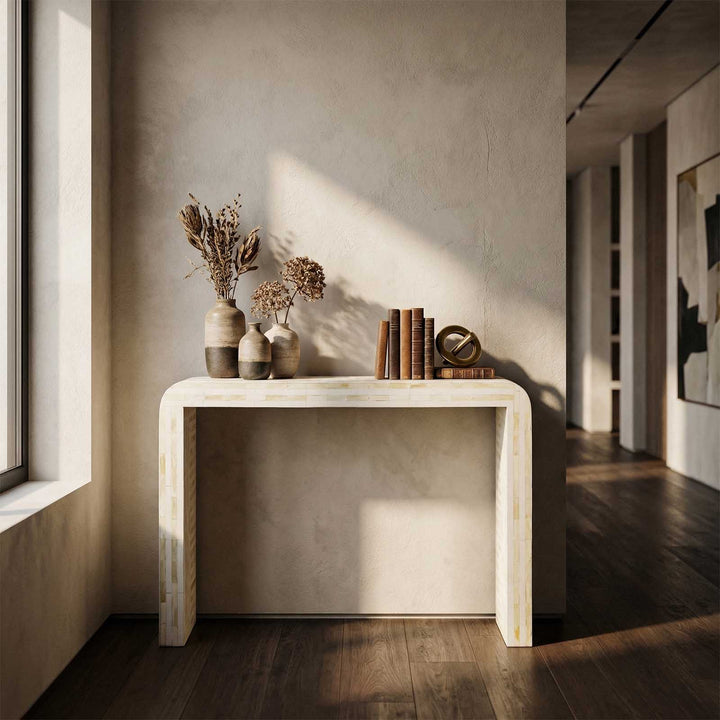 Eloise Bone Inlay Curved Console Table White