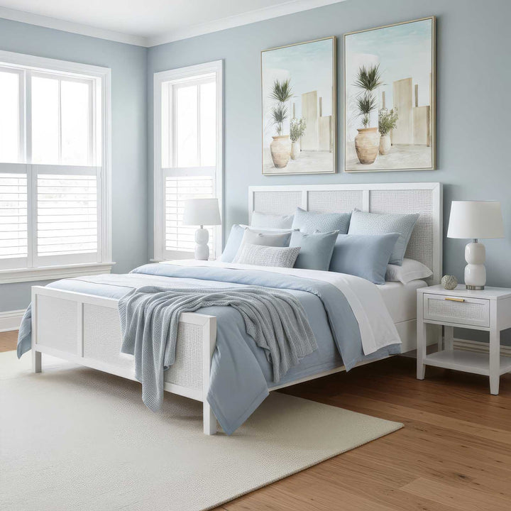Santorini Hamptons Timber/Rattan Double Bed White
