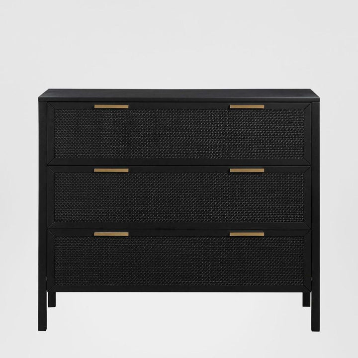 Santorini Hamptons 3 Drawer Timber/Rattan Dresser 100cm Black