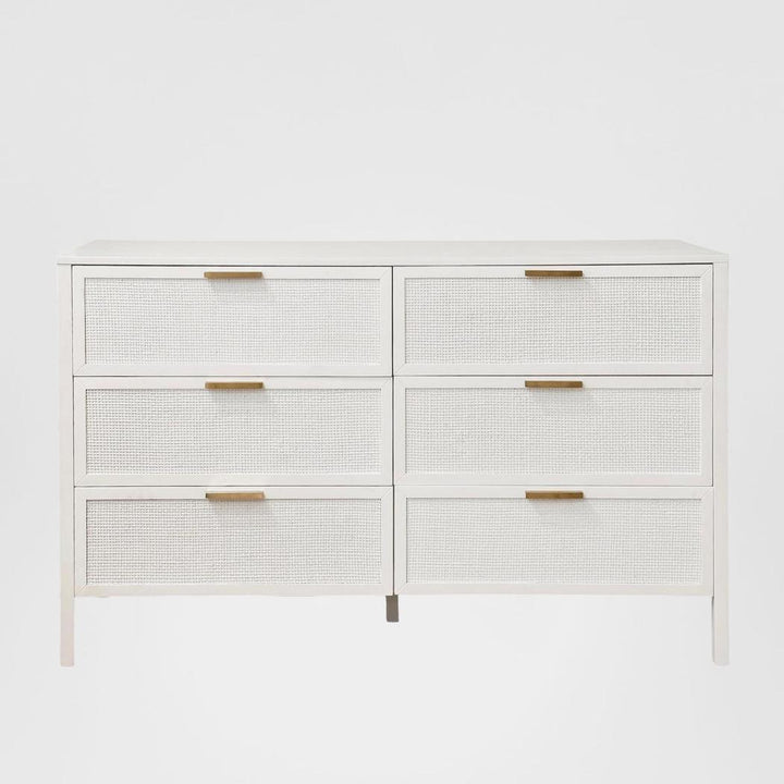 Santorini Hamptons 6 Drawer Timber/Rattan Dresser 140cm White