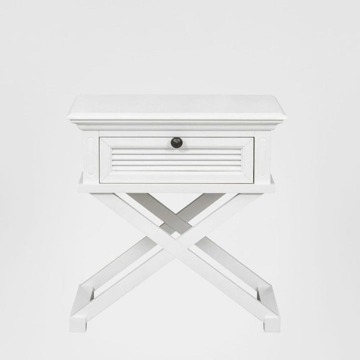 West Beach Cross Leg Hamptons BedSide Table W/Drawer White