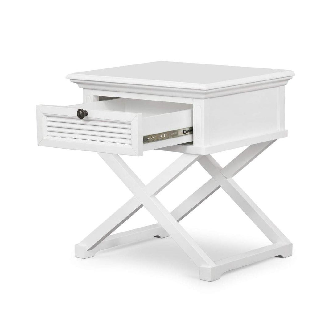 West Beach Cross Leg Hamptons BedSide Table W/Drawer White