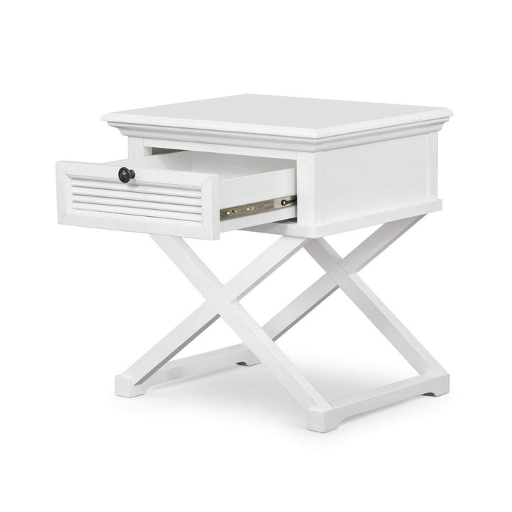 West Beach Cross Leg Hamptons BedSide Table W/Drawer White