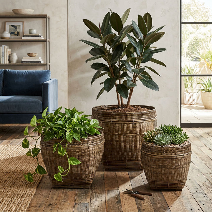 Paume Rattan Planter Set 3 Antique Brown