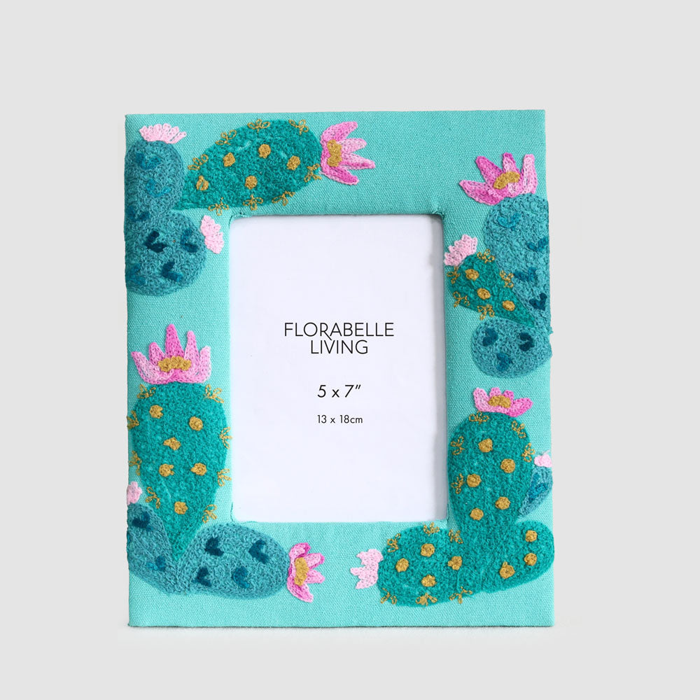 Prickly Pear Cactus 5 x 7" Embroidered Photoframe Teal