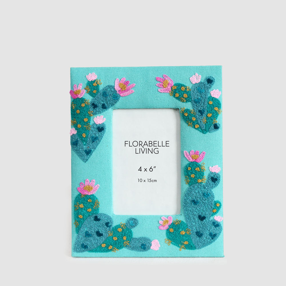 Prickly Pear Cactus 4 x 6" Embroidered Photoframe Teal