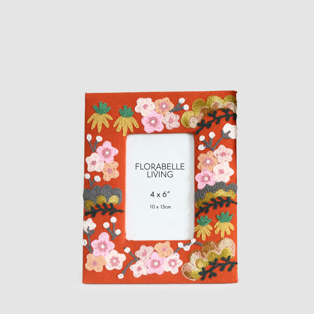 Floral Blossom 4 x 6" Embroidered Photoframe Rust